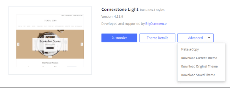 BigCommerce cornerstone light customize theme details advanced.