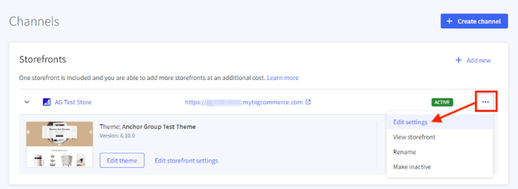 BigCommerce channels storefronts edit settings.