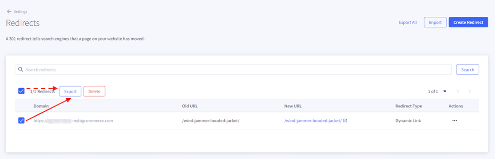 BigCommerce redirects select export.