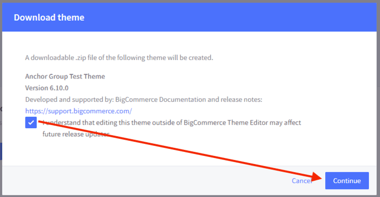 BigCommerce download theme agreement continue.