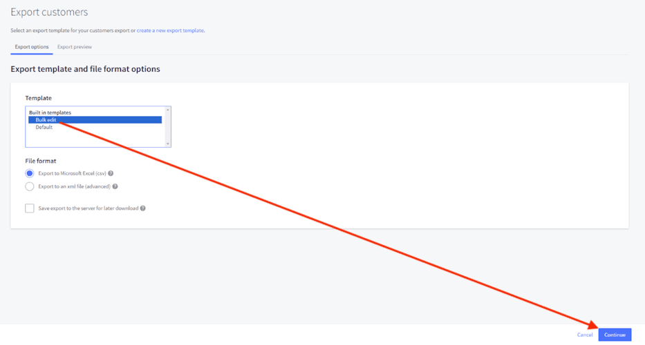 BigCommerce export customers options bulk edit continue.