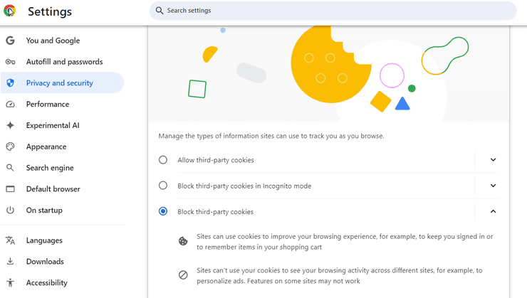 Chrome setting privacy and security.