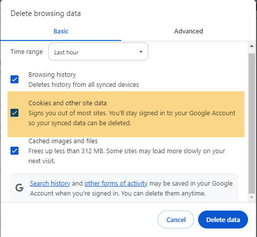 Delete Chrome browsing data steps.