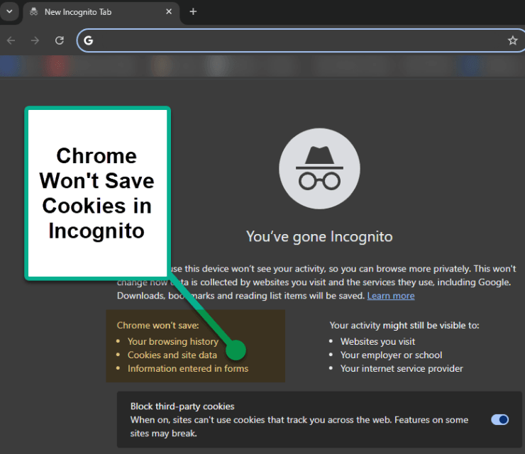 A screenshot with the message Chrome won't save cookies in Incognito mode.