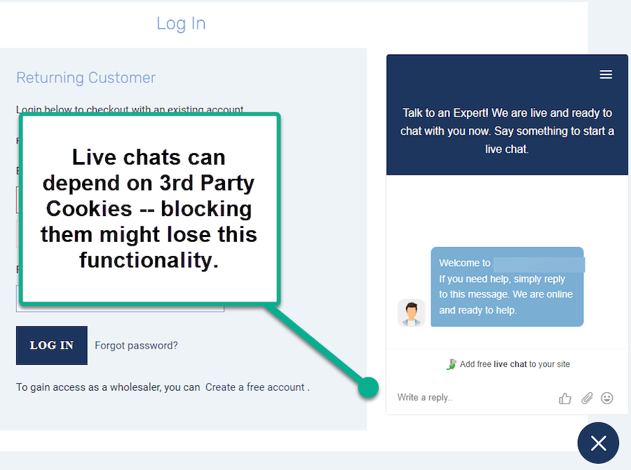 Screenshot with the message Live chats can depend on third party cookies.