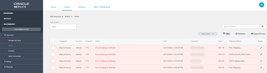 BigCommerce NetSuite connector order sync error.