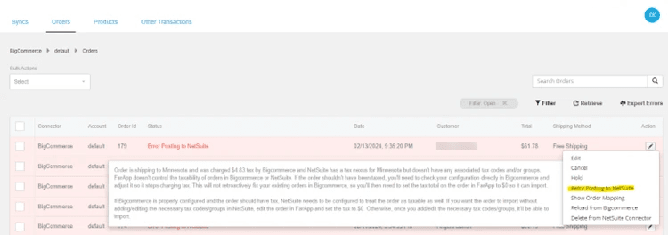 Retrying single order sync BigCommerce NetSuite connector.