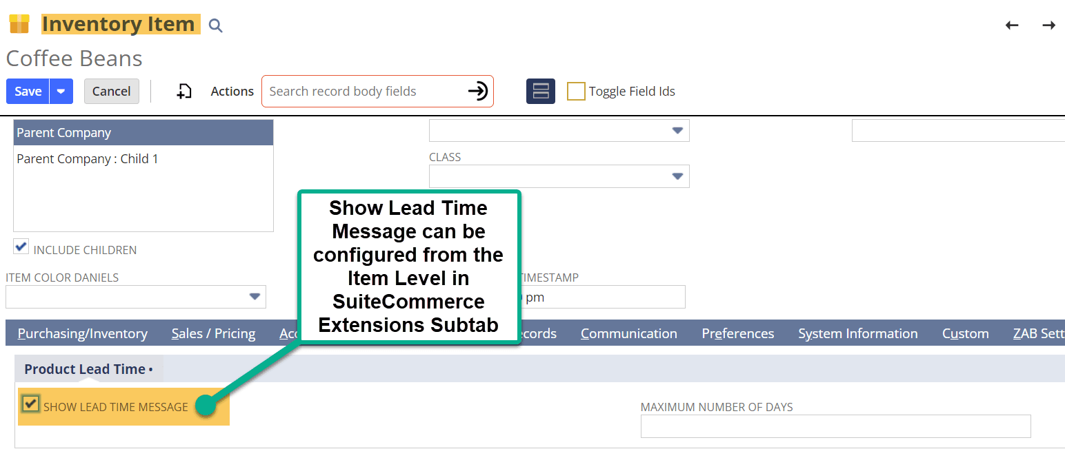 NetSuite inventory item show product lead time message.