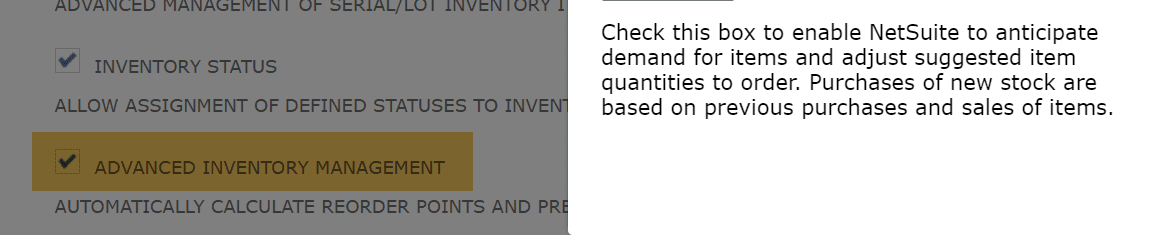 NetSuite advanced inventory management checkbox.