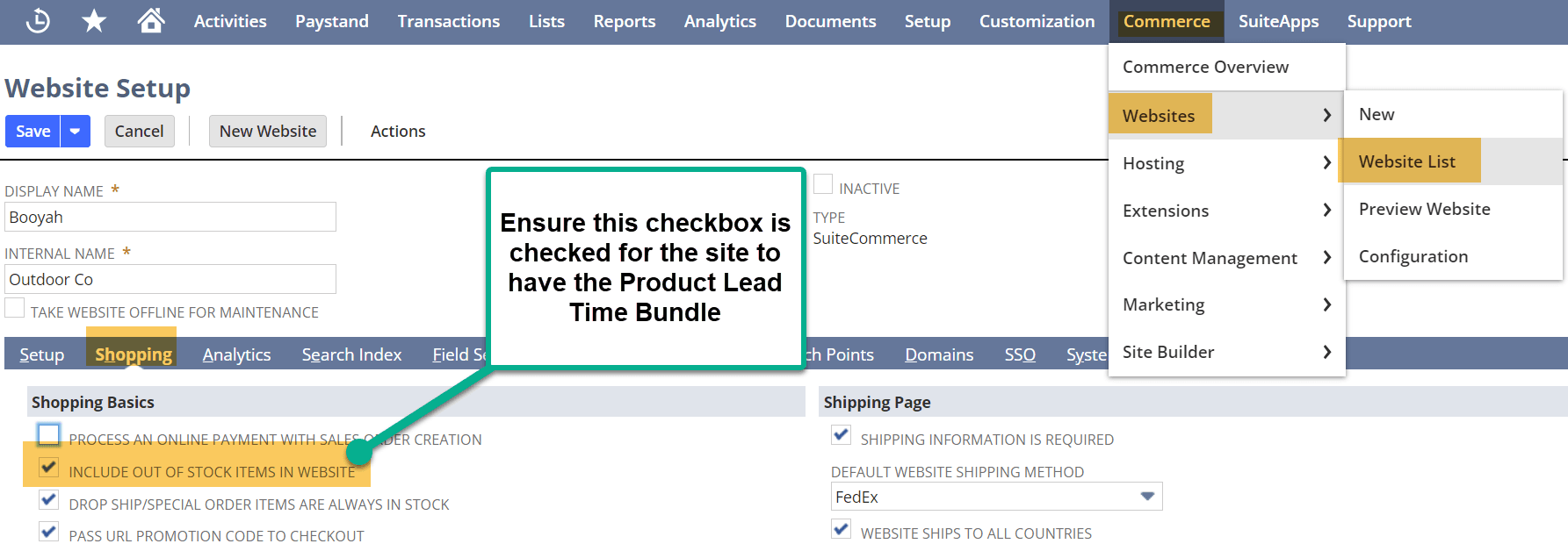 NetSuite commerce websites list shopping basics include out of stock.