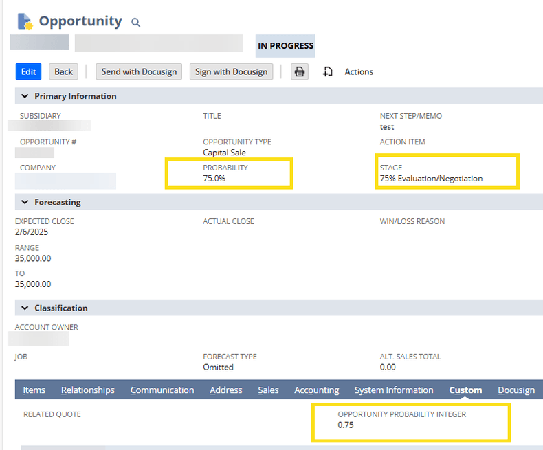 NetSuite opportunity probability stage custom.