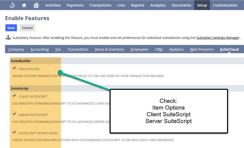 NetSuite setup enable features SuiteCloud item options client suite.