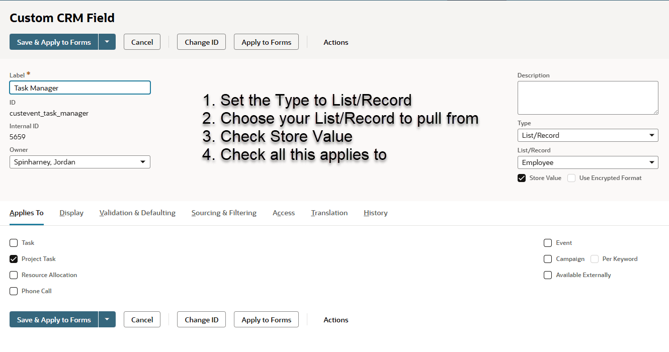 Custom CRM field set type choose list store value applies.