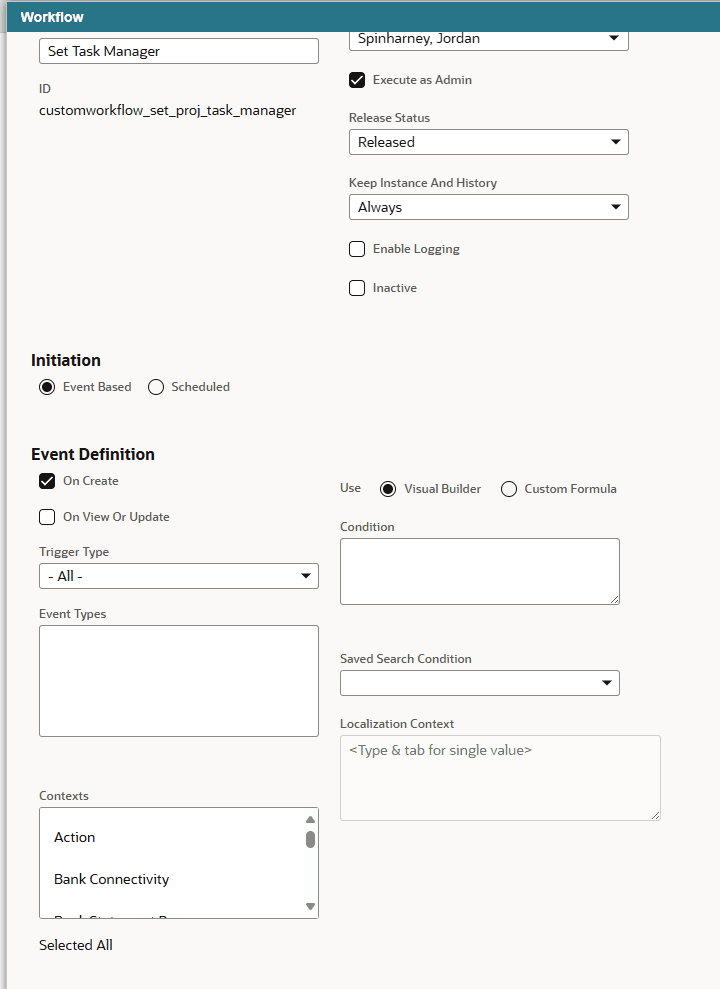 NetSuite workflow set task manager initiation event definition.