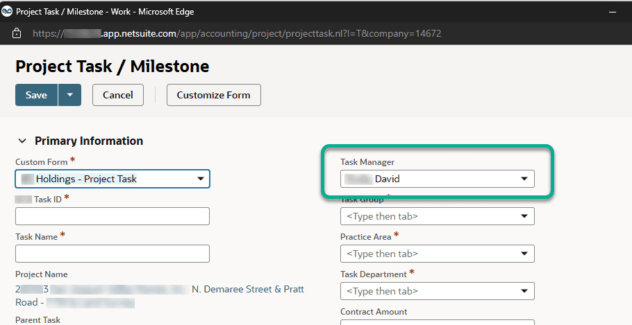 NetSuite project task milestone custom task manager field.