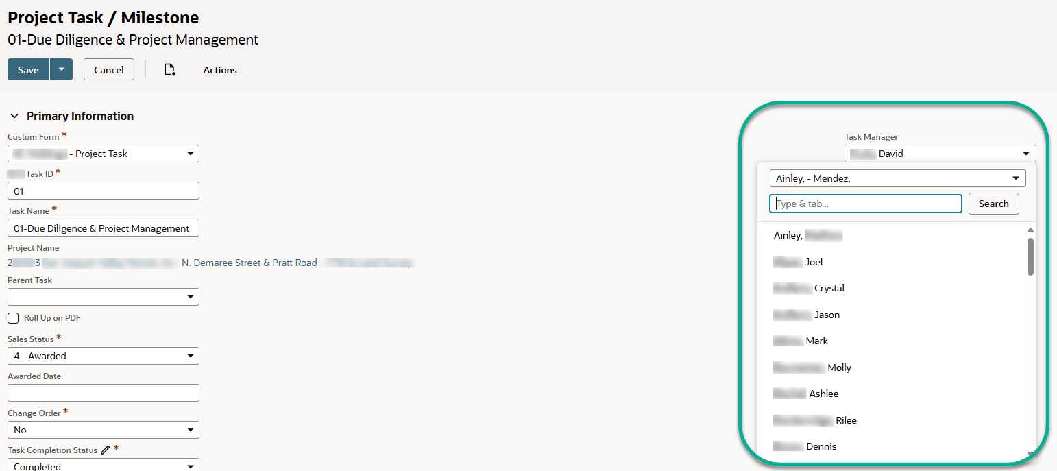 Project task milestone task manager dropdown.