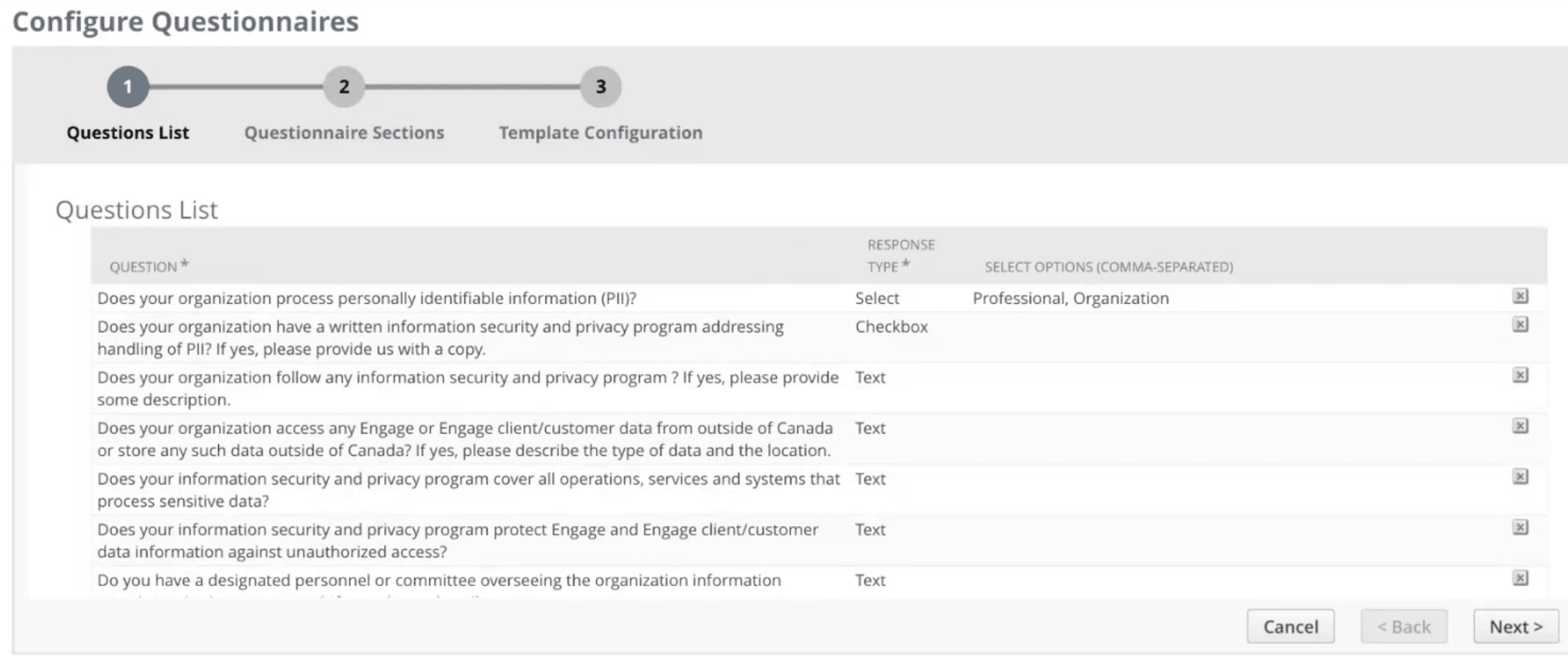 A page showing how to configure the list of questions for a questionnaire.