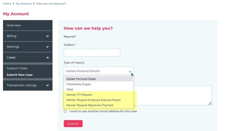 Type of inquiry field for SuiteCommerce MyAccount.