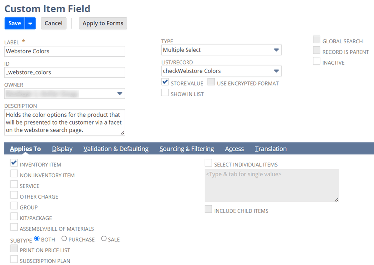 NetSuite custom item field webstore colors.