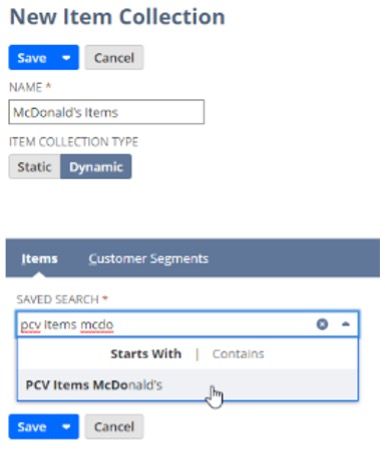 New Item Collection page showing dynamic options.