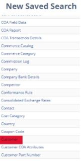 Net Saved Search menu with the Customer tab highlighted.