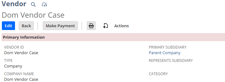 NetSuite vendor record  page with the Dom Vendor Case shown.