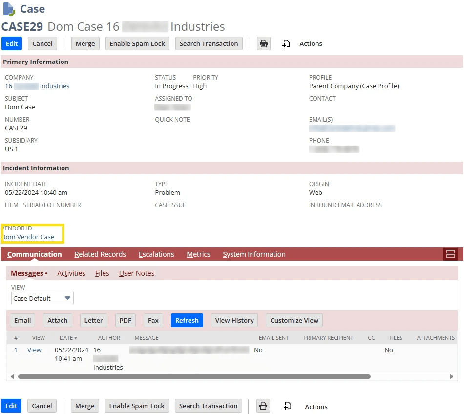 Case Dom 16 Industries NetSuite page.