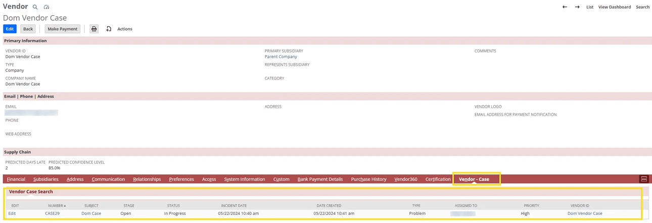 Vendor page with vendor dom case.