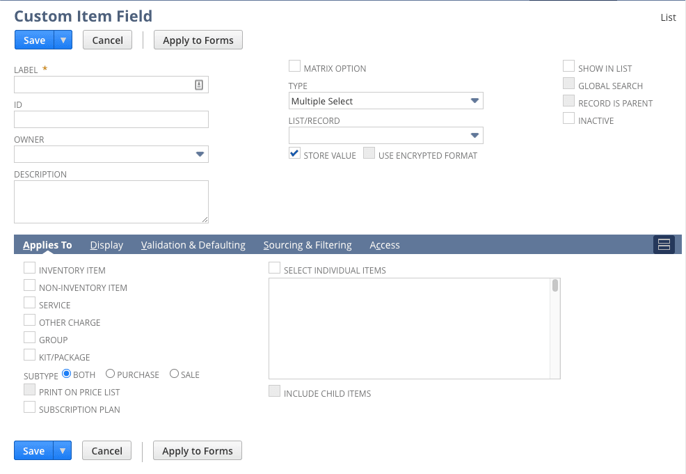 New Custom Item Field page.