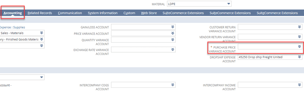 Accounting purchase price variance account.