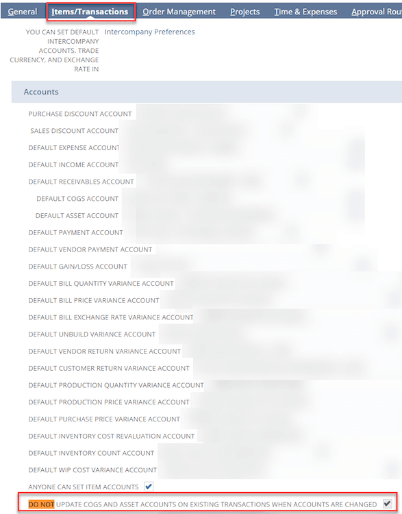 Items transactions accounts preference to enable features.