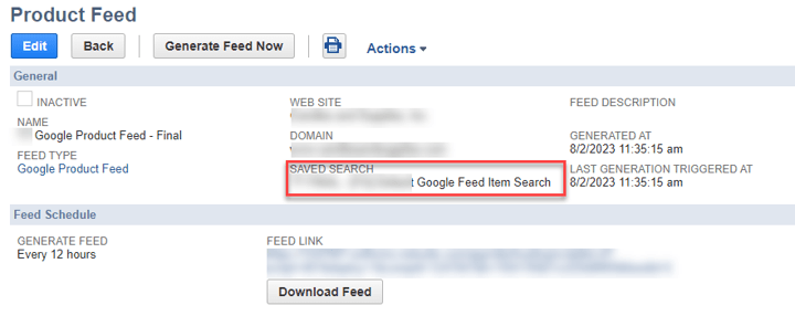 Product Feed page with the Saved Search configuration highlighted.
