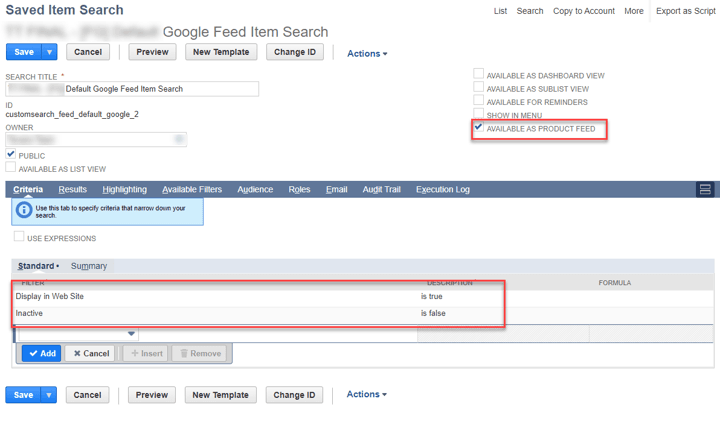 Saved search criteria product feed.