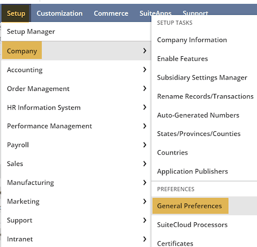 NetSuite setup company general preferences.