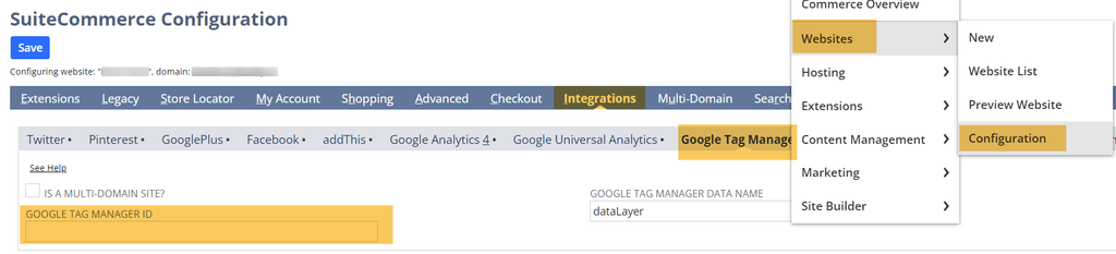 NetSuite websites configuration Google tag manager.