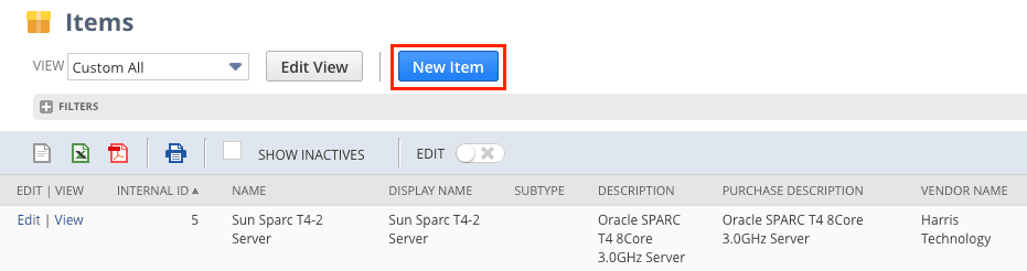 Item page with the New Item button highlighted.