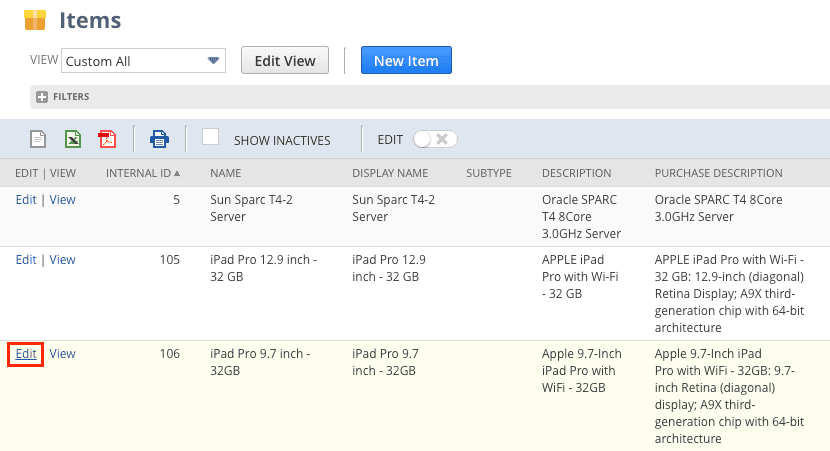 Edit NetSuite item record.