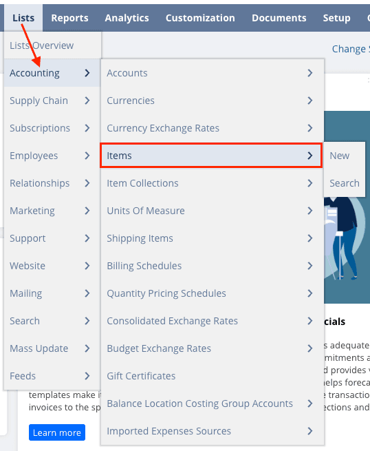 Navigation to the items tab through multiple dropdown menus.