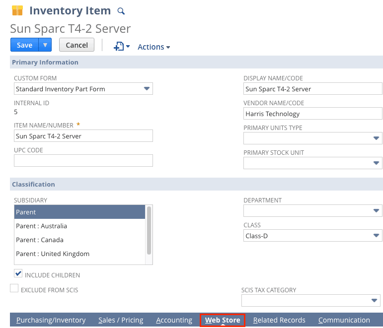 Inventory Item page with the record webstore subtab indicated.