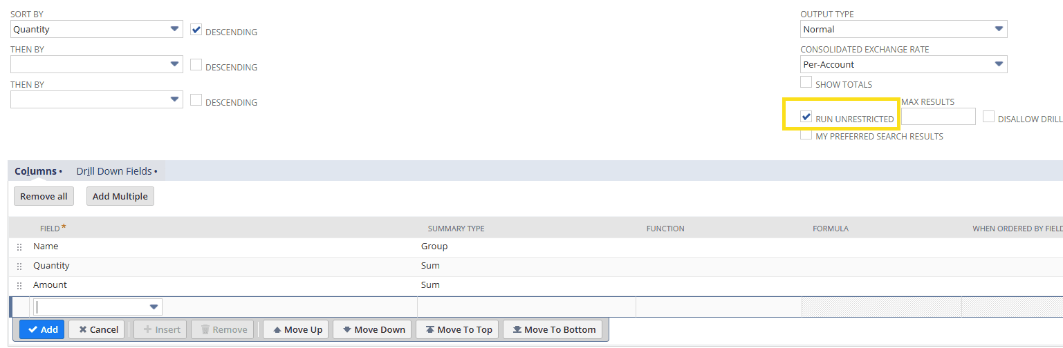 NetSuite saved search run unrestricted checkbox.