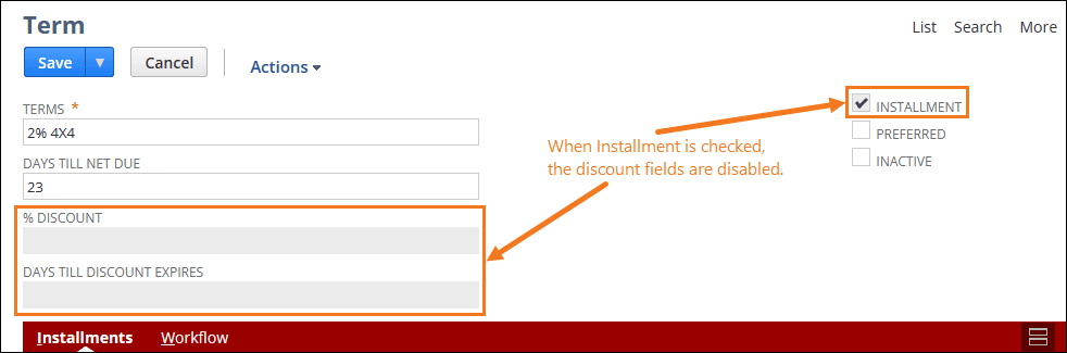 Term installment checked discount fields disabled.