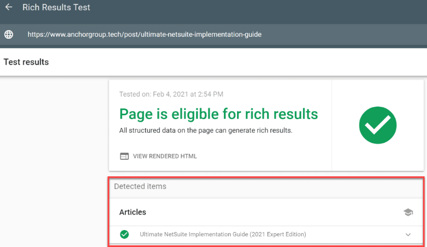 A result showing a message saying Page is eligible for rich results.