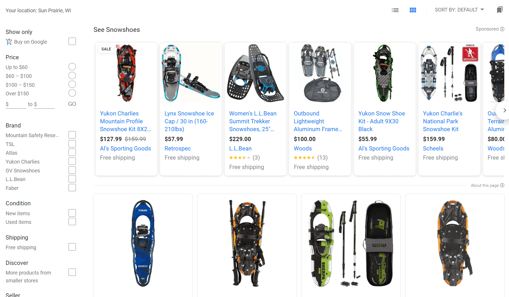 A storefront with various types of snowshoes.