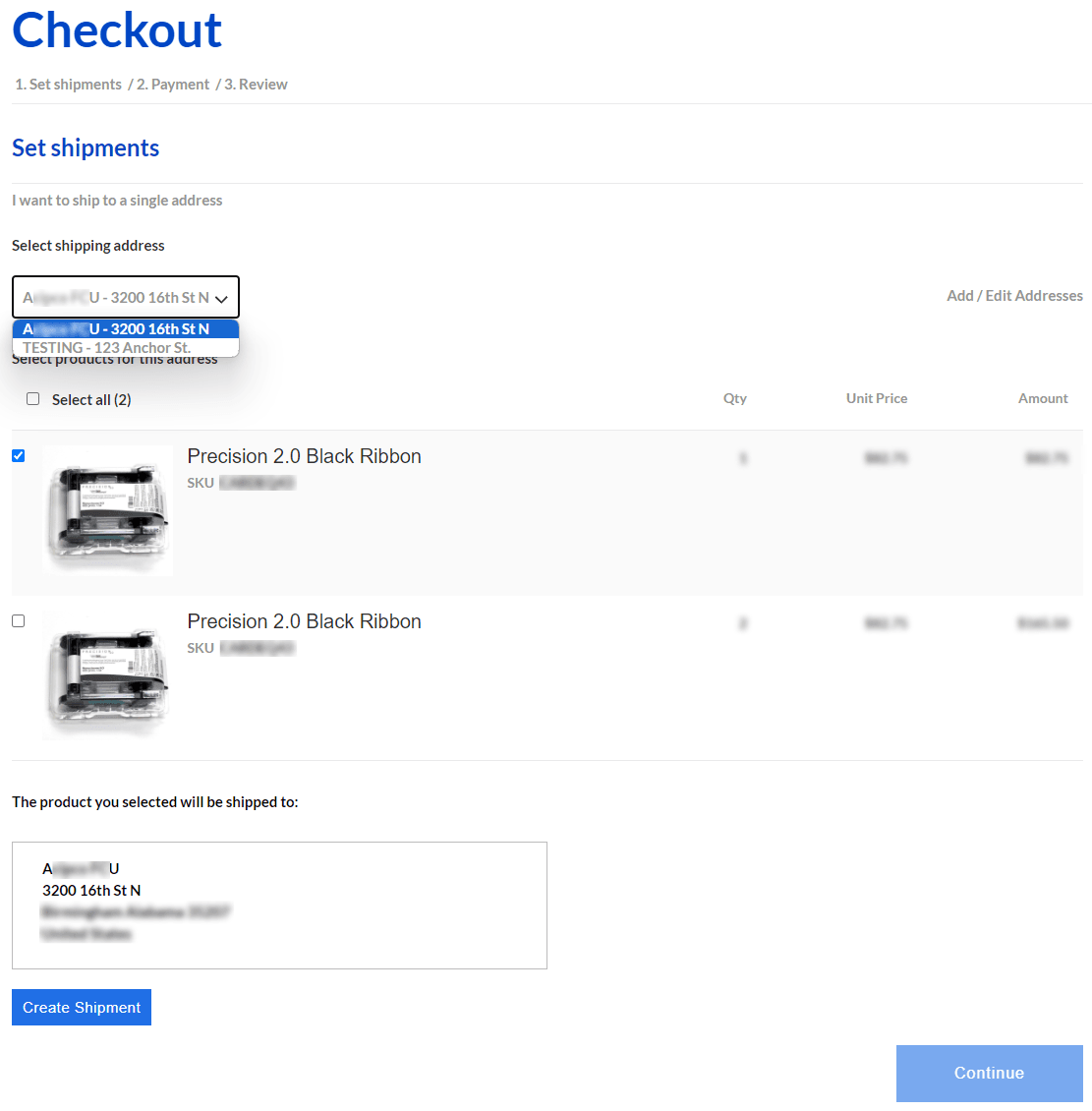 Checkout set shipments select shipping address.