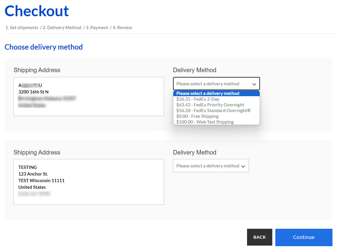 Checkout shipping addresses delivery method selection.