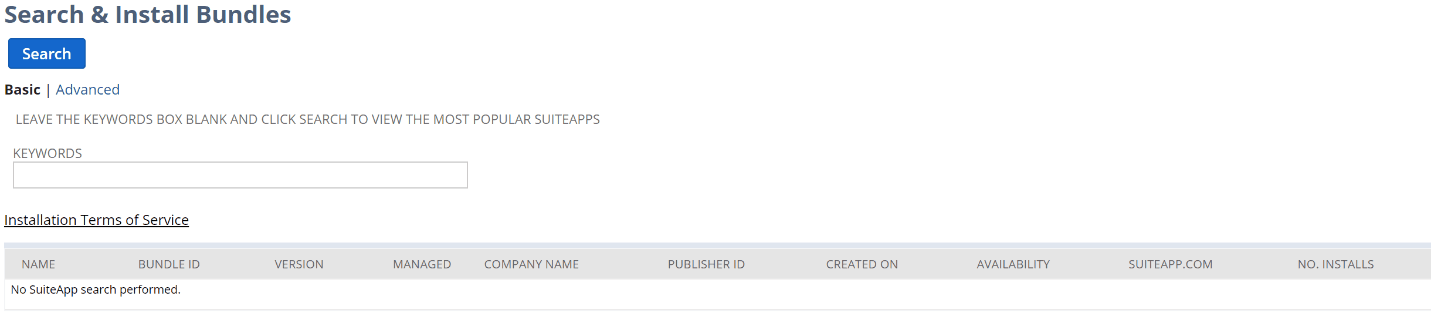 NetSuite search and install bundles page.