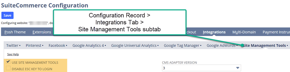 SuiteCommerce configuration record integrations tab site management.