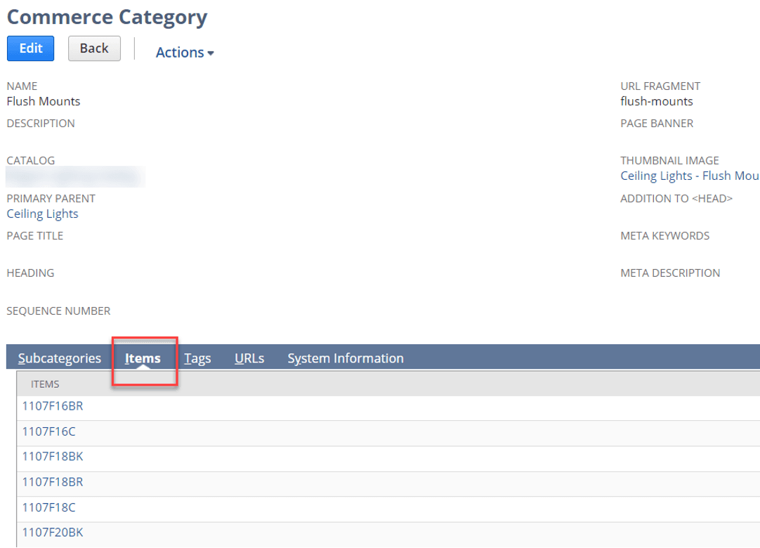 Confirm commerce categories items tab highlighted.