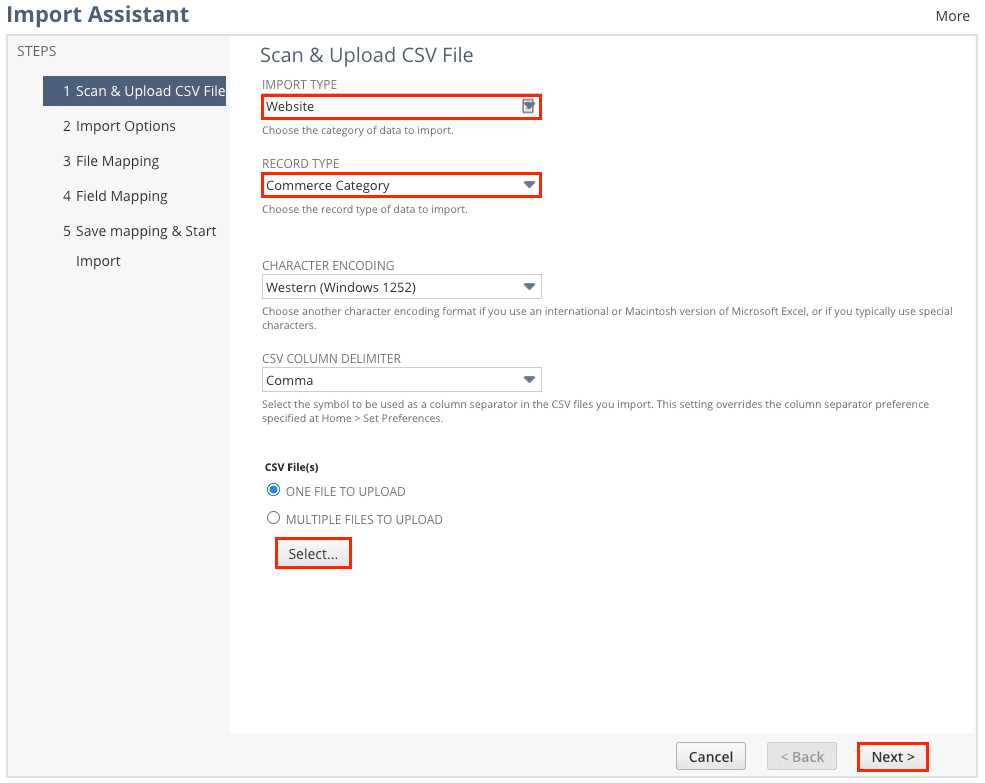 Import assistant step one.