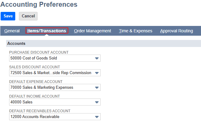 NetSuite accounting preferences items transactions accounts.